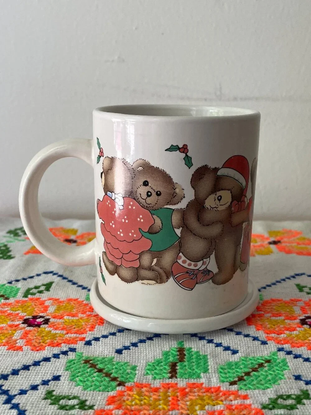 Vintage Holiday Teddy Bear Mug with Coaster